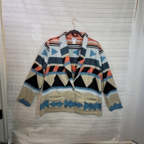 VICKI WAYNE SOUTHWEST FLEECE CARDIGAN JACKET, SZ LARGE PETITE - Picture 2 of 14